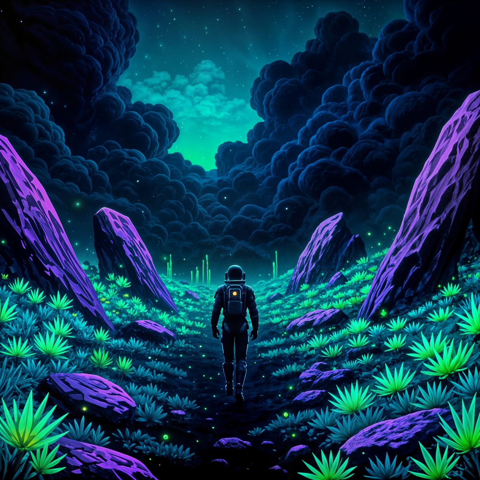 Astronaut on Bioluminescent Alien Planet