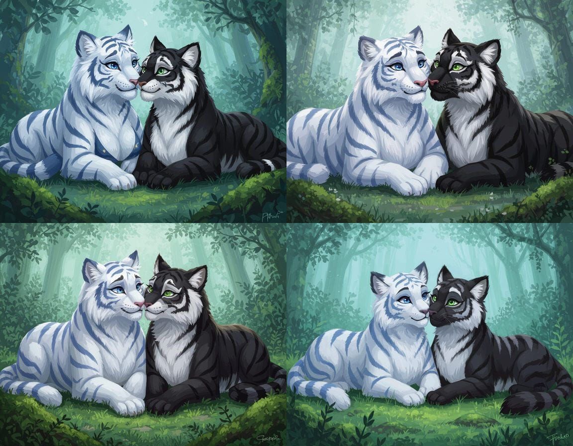 Anthro Tiger Girls Kissing in Mossy Clearing