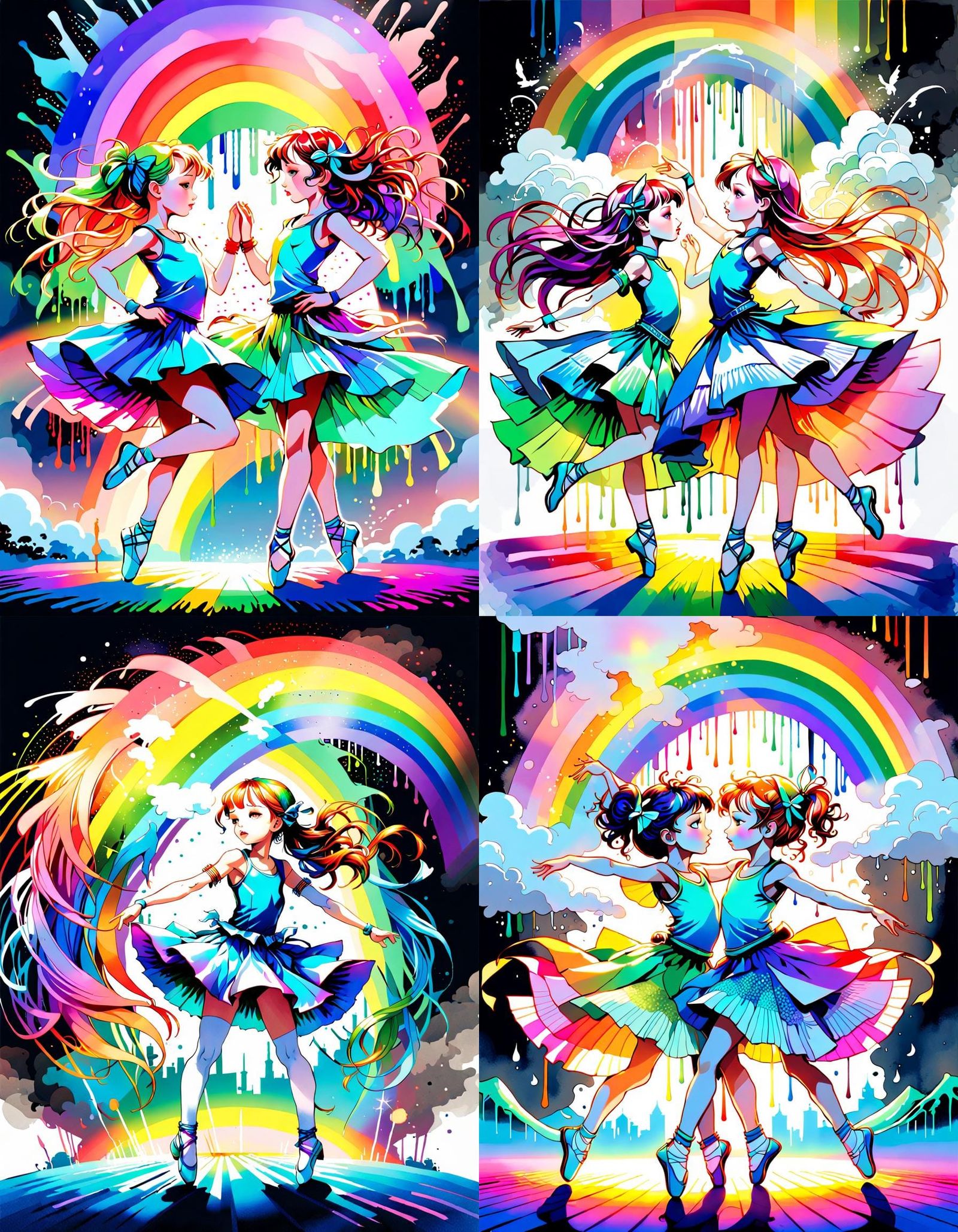 Dancers Under Rainbow in Watercolour Ink Art