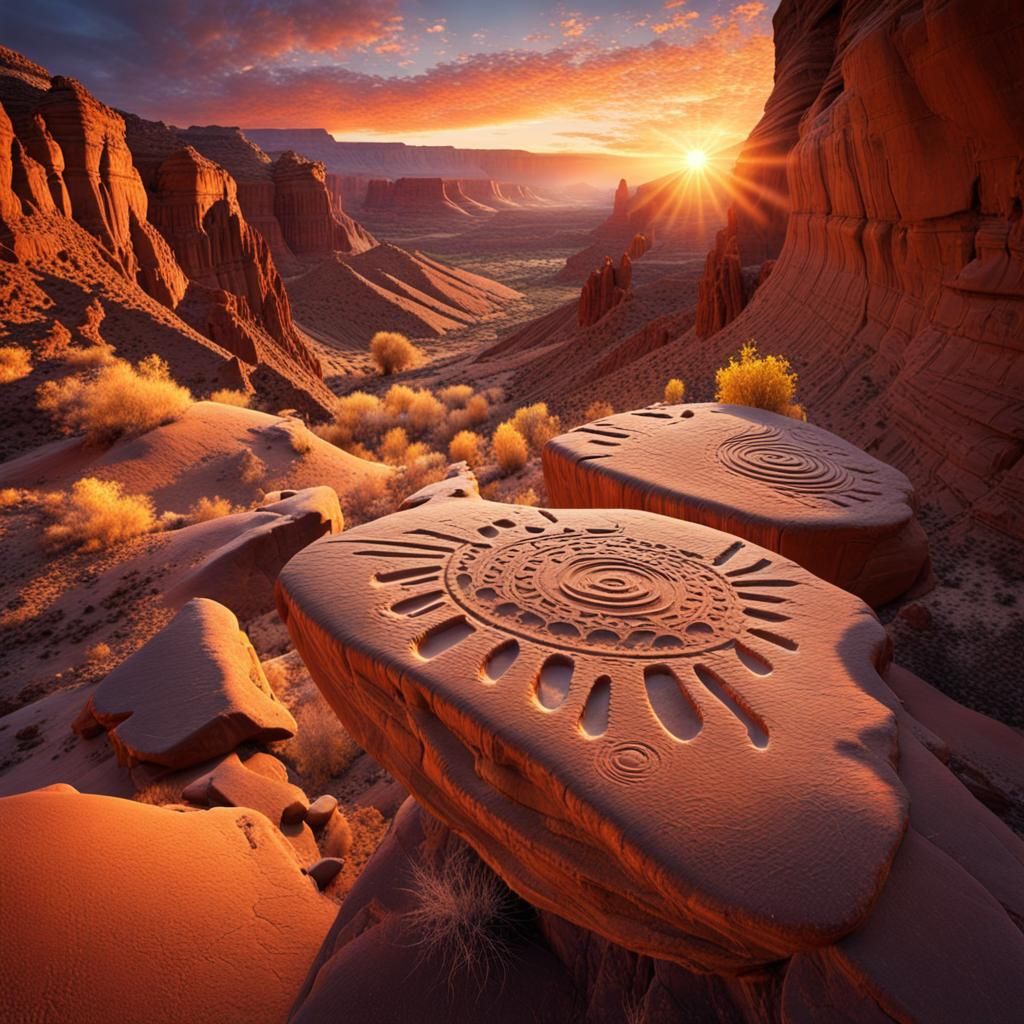 Desert Canyon Sunrise with Petroglyphs, High-Resolution Phot...