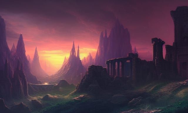 Fantastical Mountain Ruins Under Starry Sky