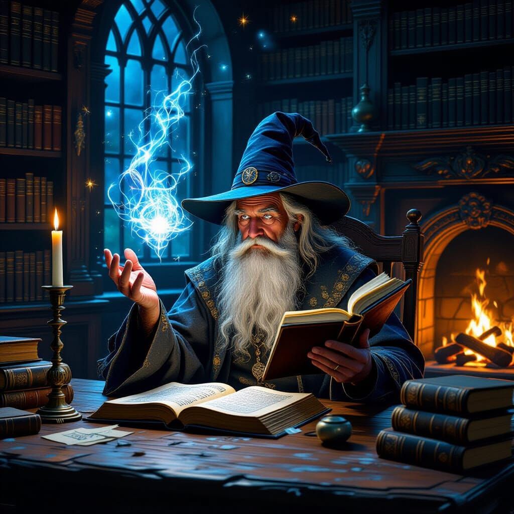 Magician in Mystical Library with Glowing Book
