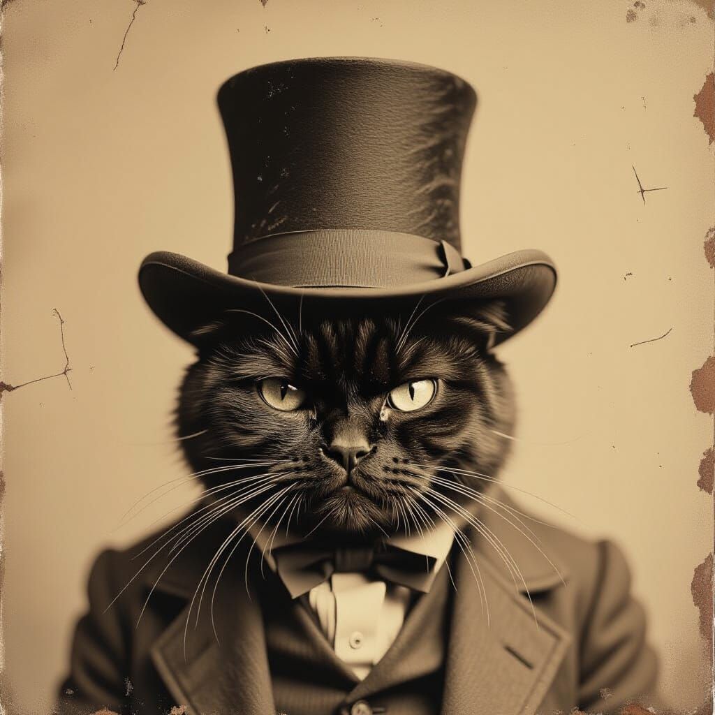 Grumpy Old Cat in Stovepipe Hat: Vintage Photograph