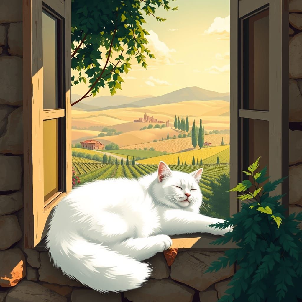 White Cat Sleeping in Tuscany, Vintage Poster Art