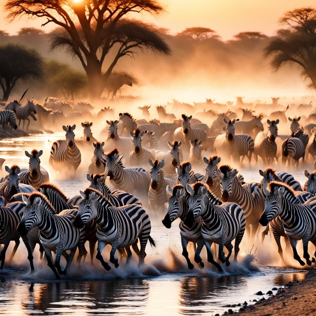 African Migration: Zebras and Wildebeest at Sunset