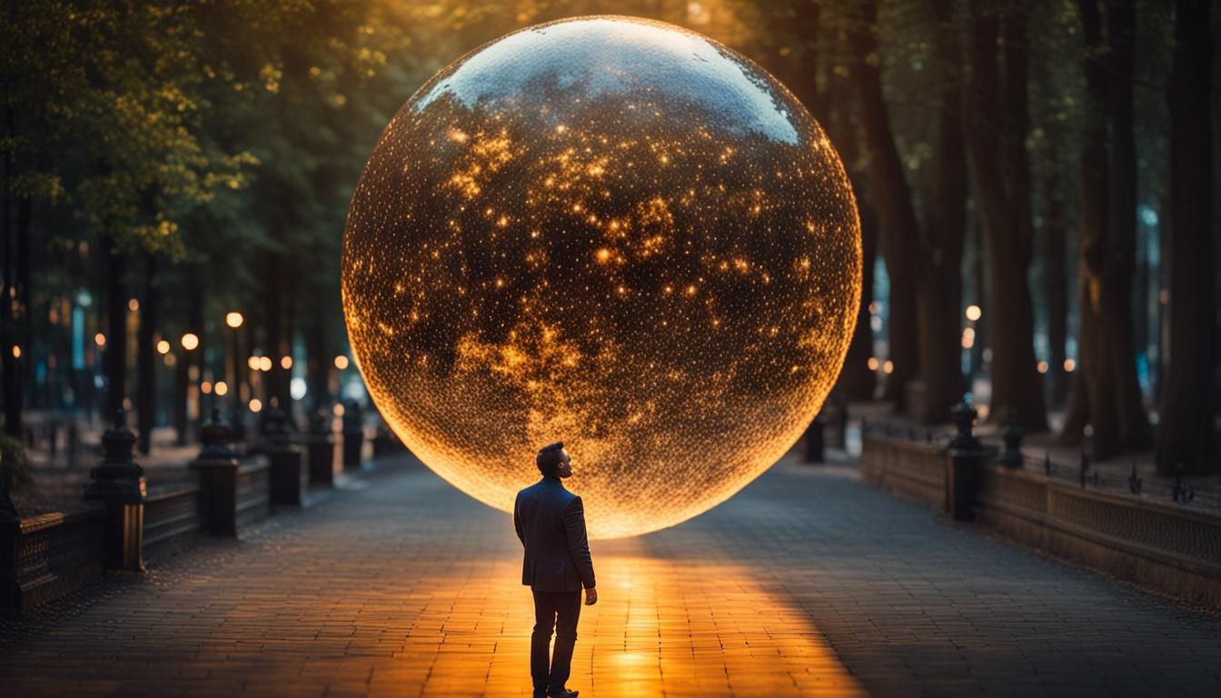 Man Reaching for a Glowing Orb in Bokeh