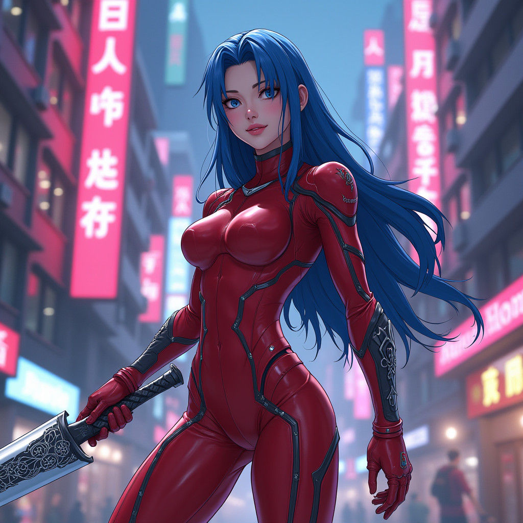 Sci-Fi Anime Girl in Neon City with Sword