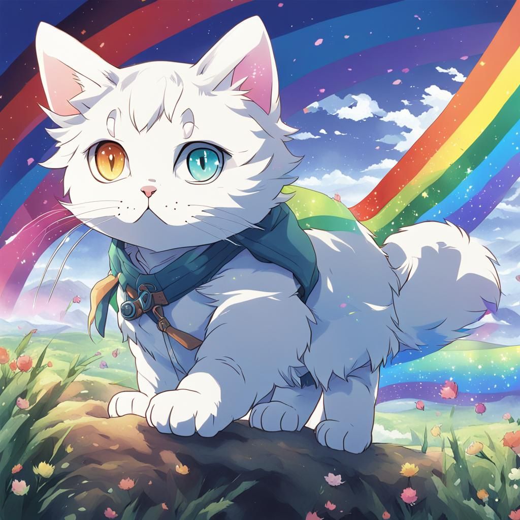 Anime Cat on the Edge of the Abyss with Rainbow