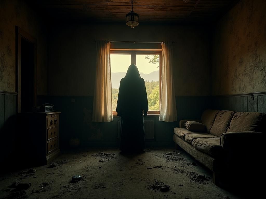 Shrouded Figure in Derelict Cabin, Digital Matte Painting