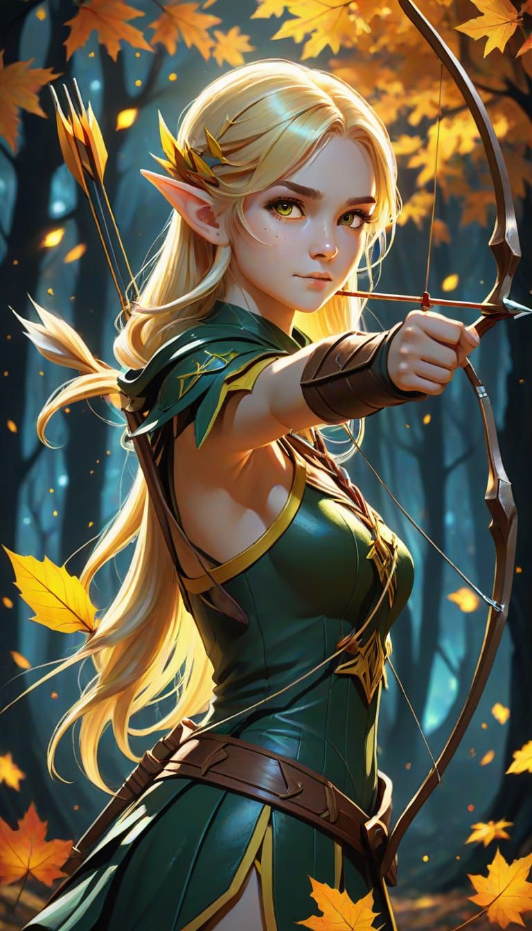Anime Elf Archer in Autumn Forest