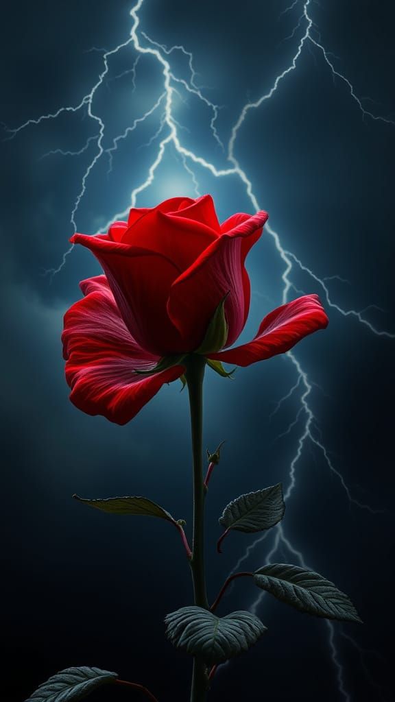 Red Rose Illuminated by Lightning, Hyperrealistic Art