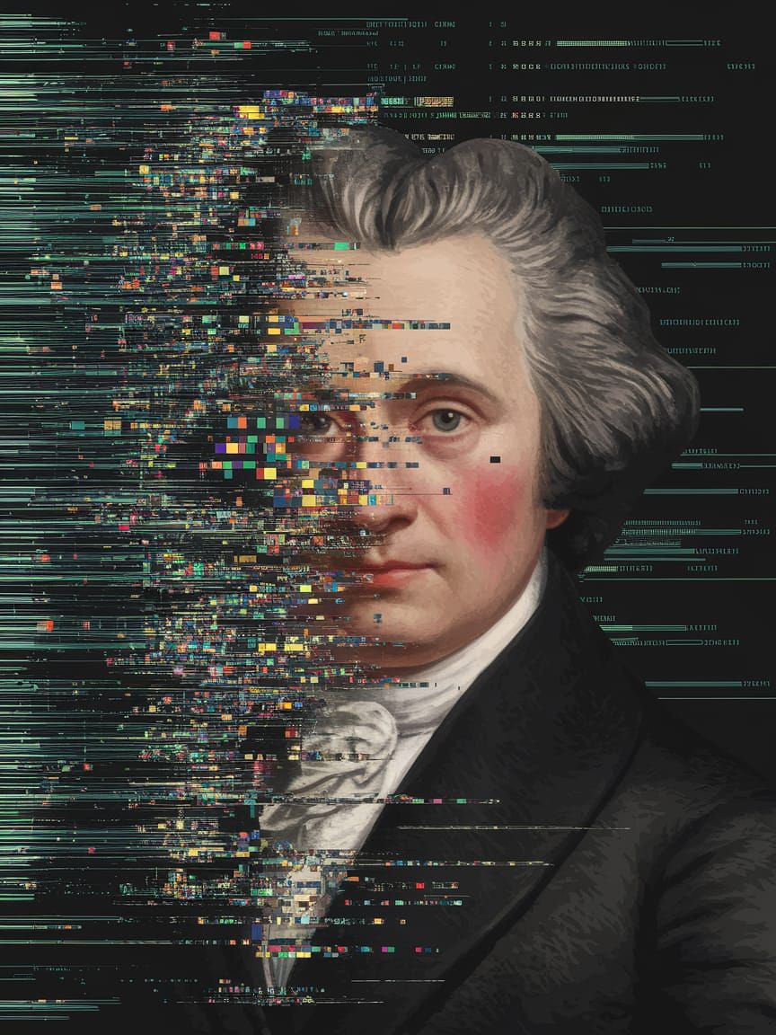 Haunting Portrait: Historical Figure Dissolving into Pixels