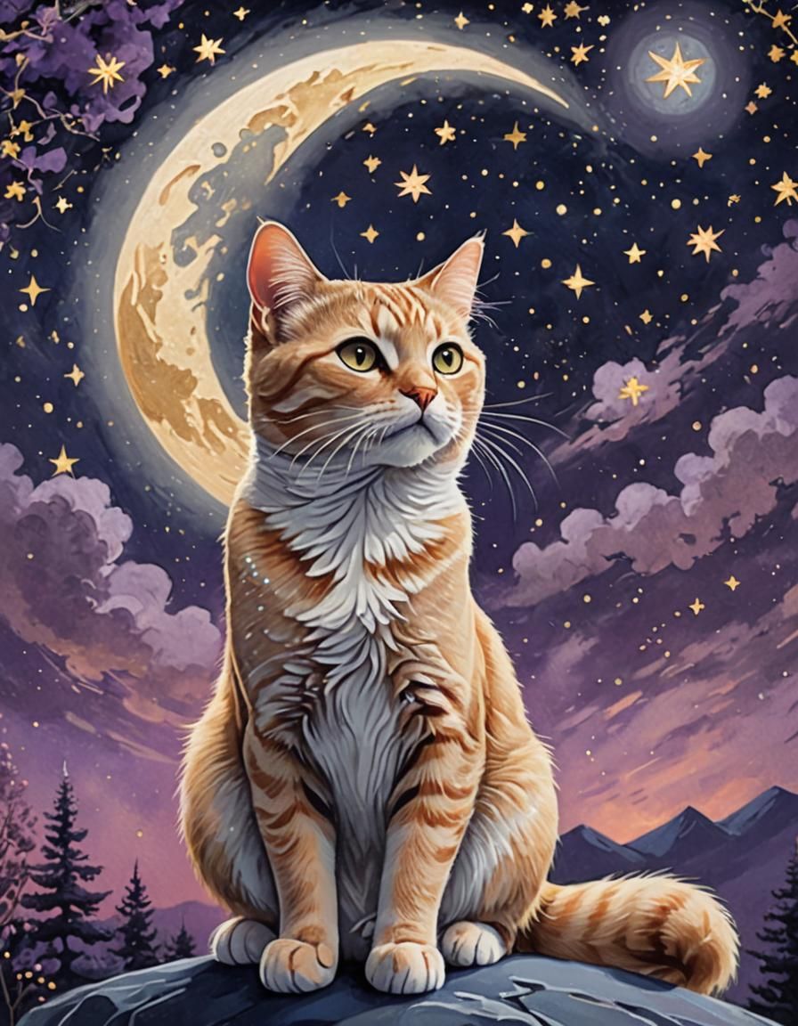 Tabby Cat Under Purple Sky in Pastel Art Style