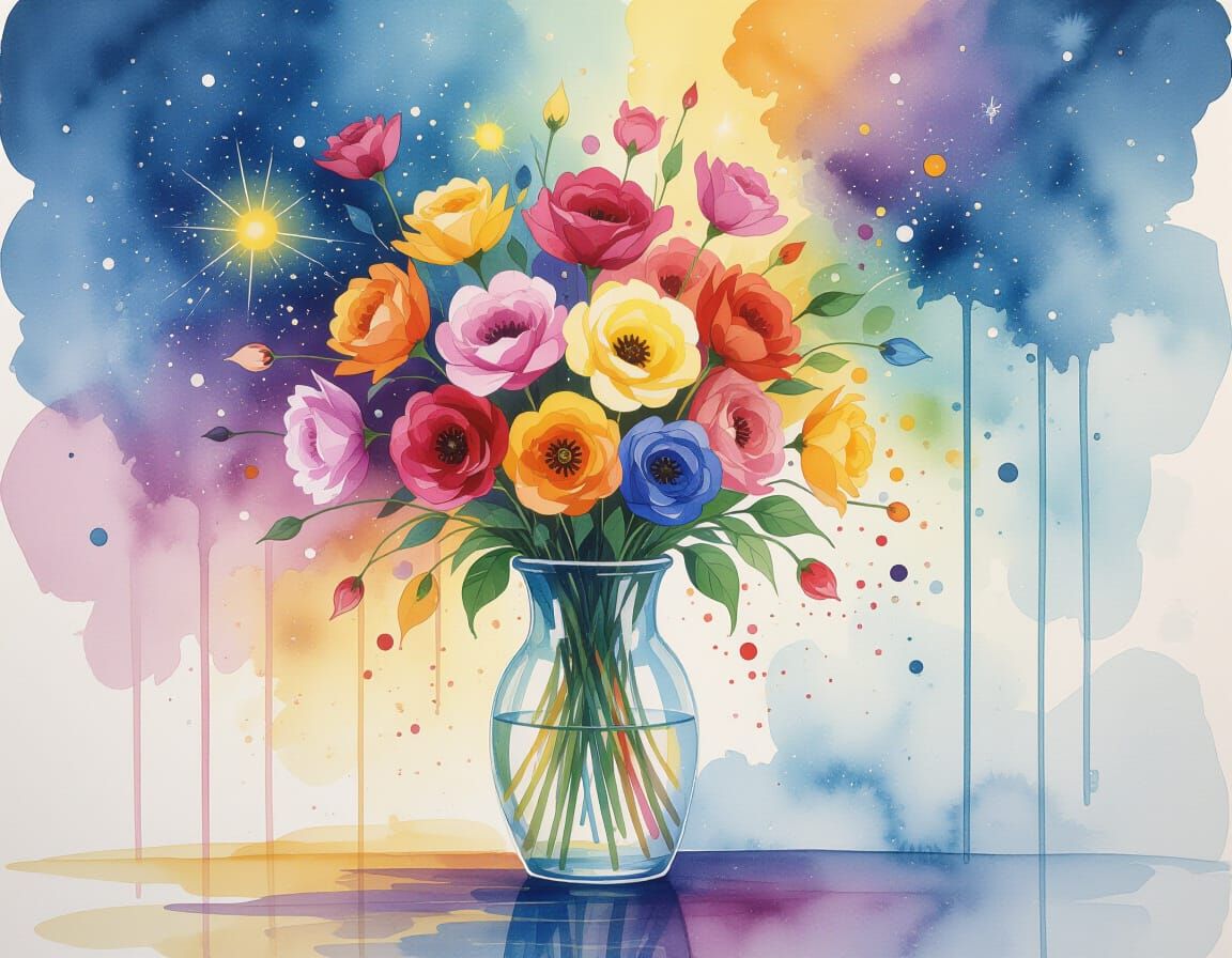 Vibrant Cosmic Flower Bouquet in Mixed Media