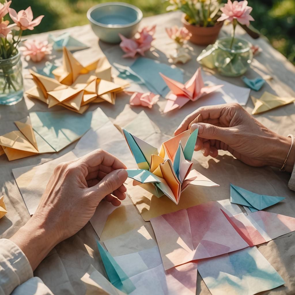 Delicate Hands Unfolding Origami in Watercolor Style