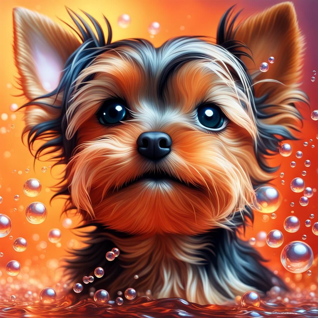 Fiery Yorkshire Terrier Puppy in Hyperrealistic Splash Art