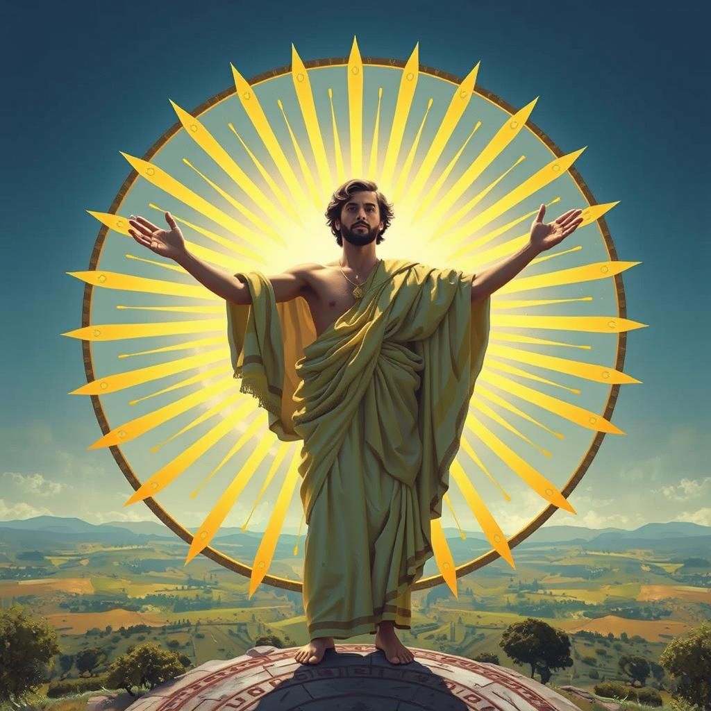 Golden Greek Figure Blessing Fertile Landscape