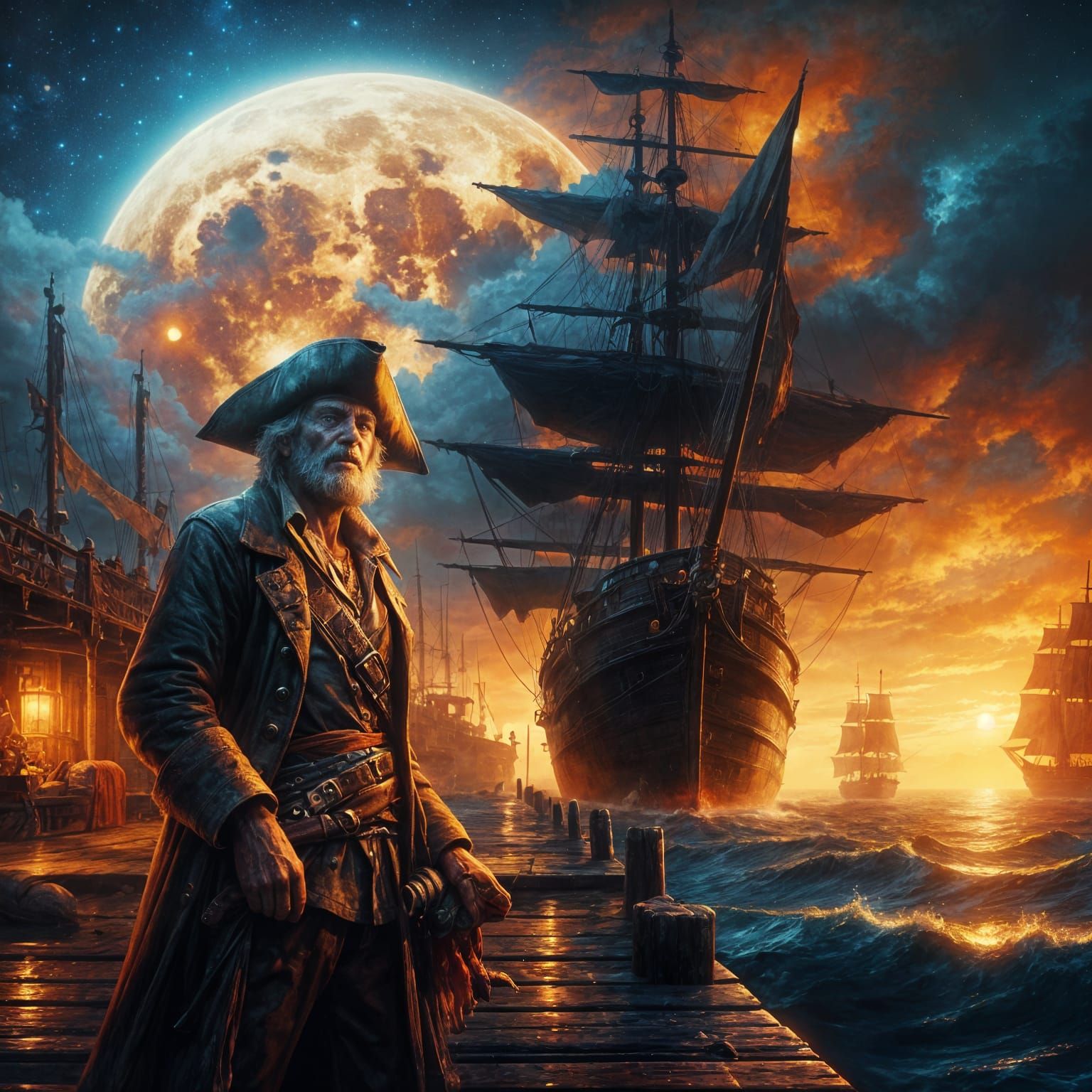 Elderly Pirate Under Moonlit Dock