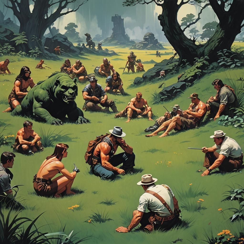 People Feeling Grass in Classic Sci-Fi Style