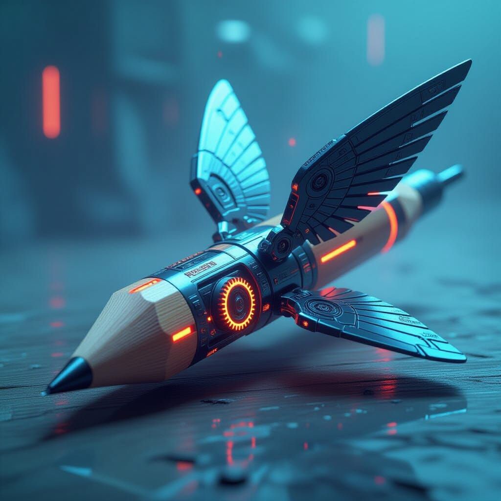 Pencil Transforms Into Futuristic Machine with Neon Accents