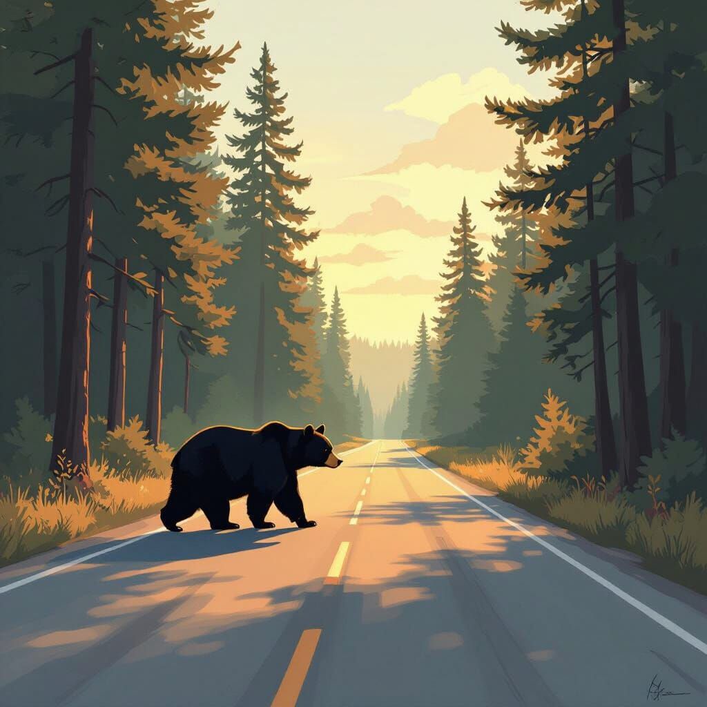 Black Bear Crosses Road in Painterly Sunlight