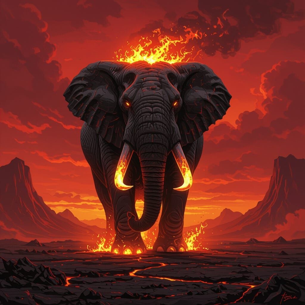 Fiery Elephant on Volcanic Plain Concept Art