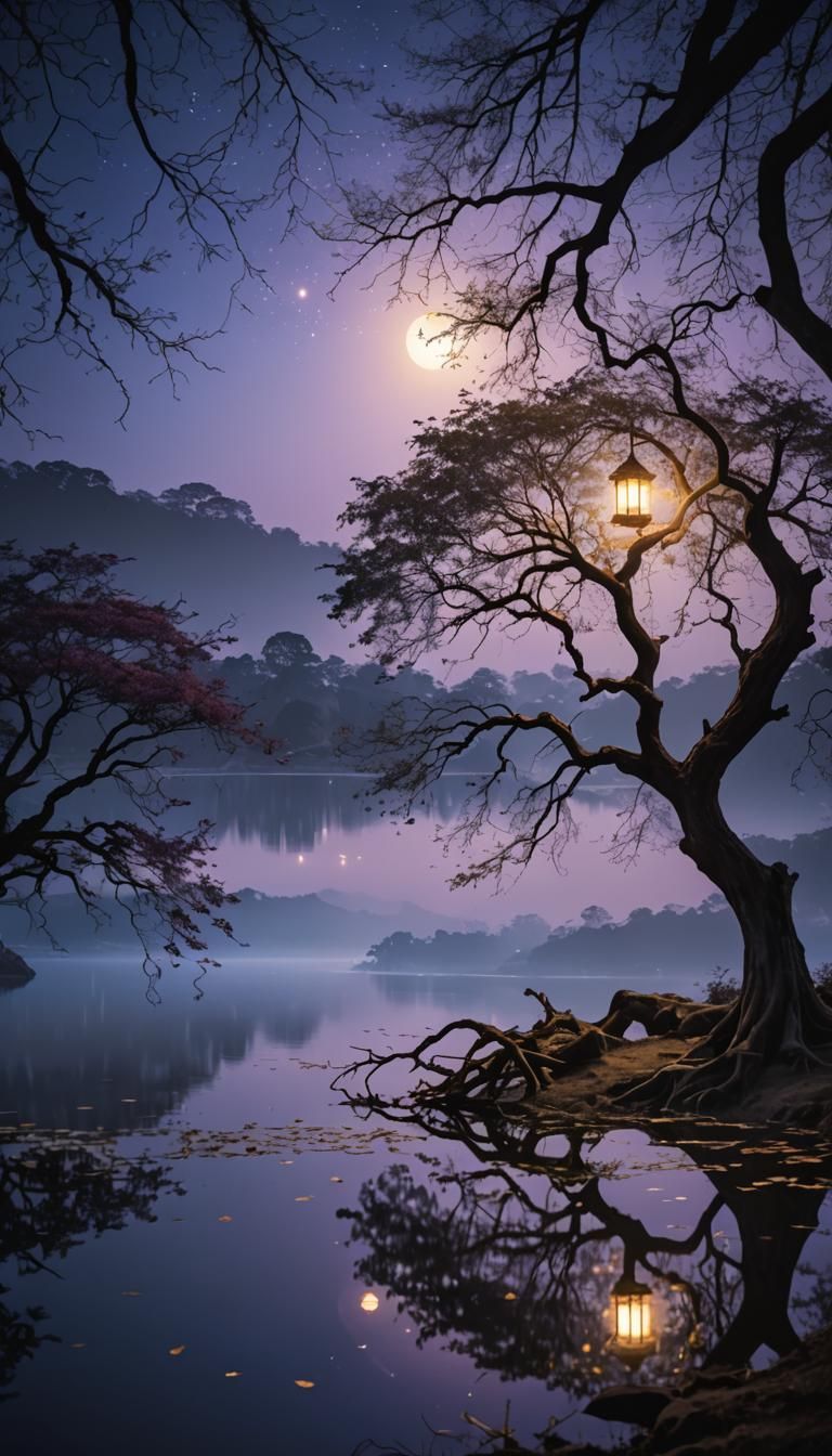 Ethereal Lakeside Scene with Golden Light, Oil Painting