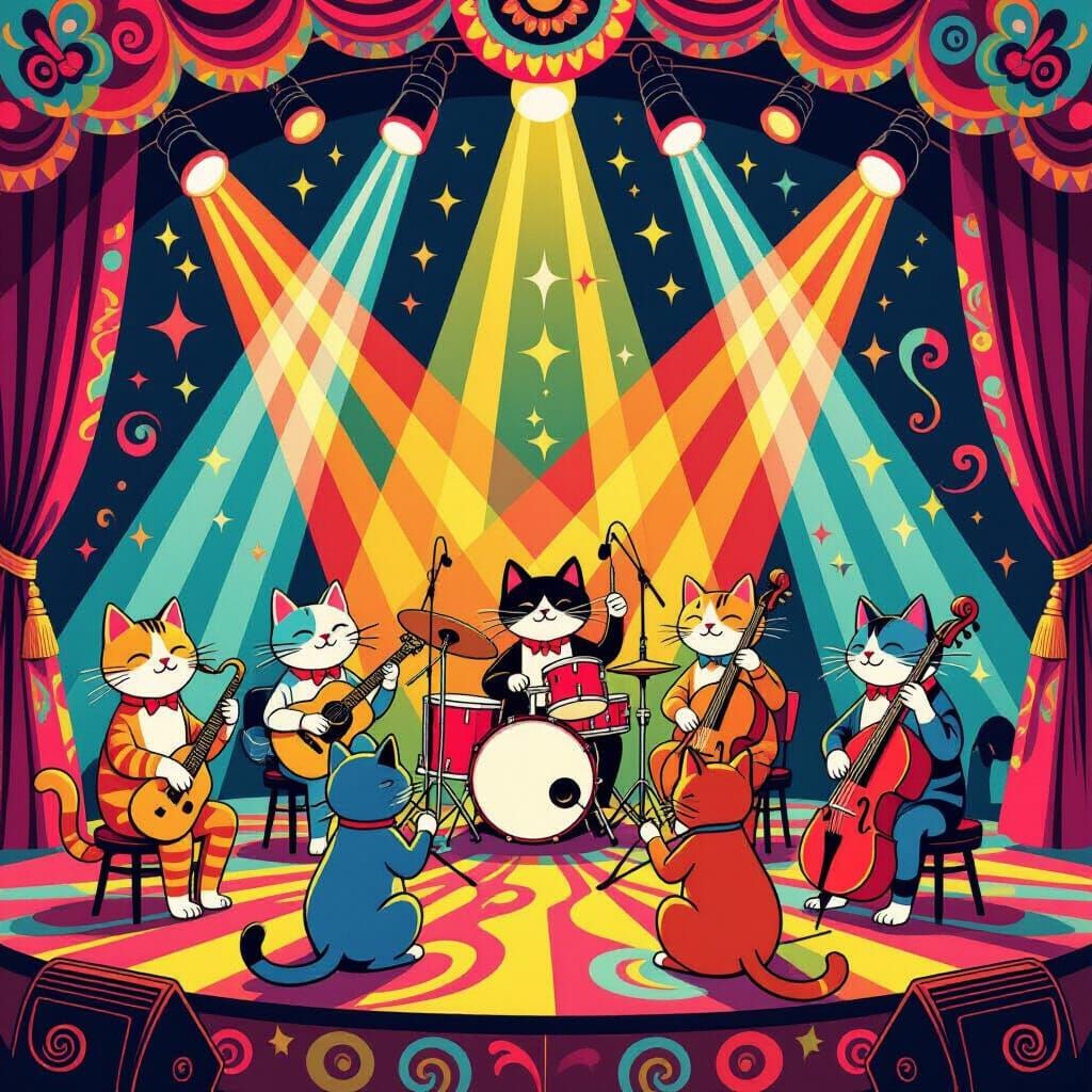 Psychedelic Cats Play Music on Vibrant 1960s Stage