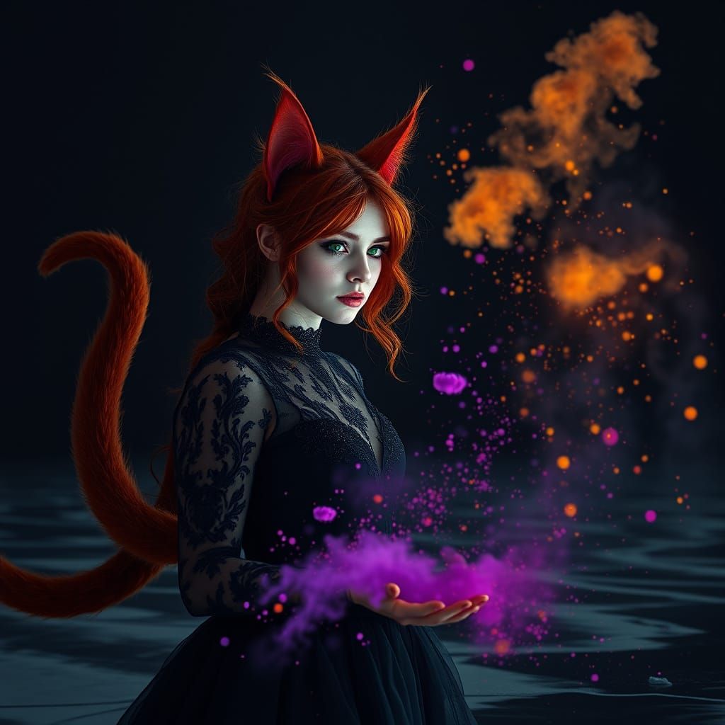 Red Haired Cat Woman in Dark Fantasy Scene