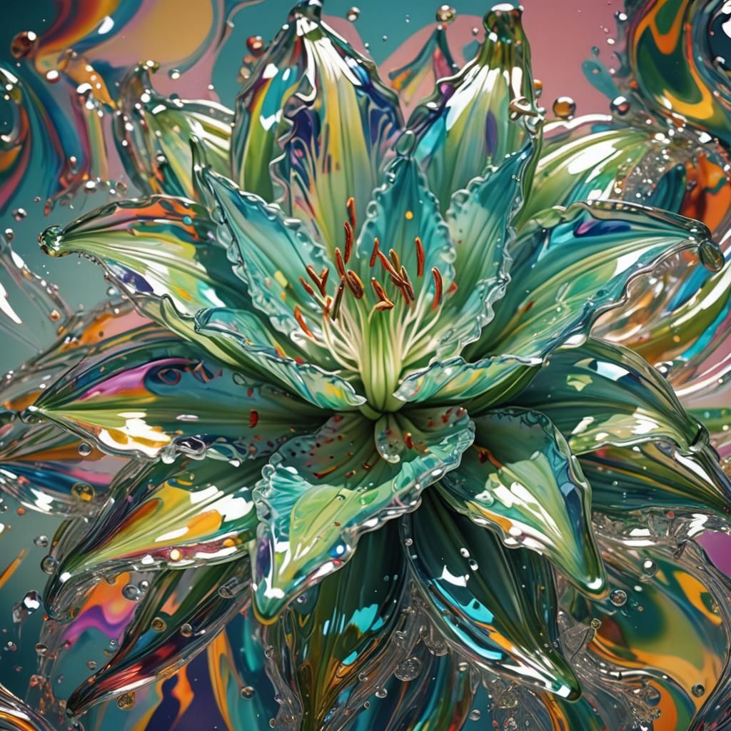 Crystal clear irredecent psychadelic meltglass lilly