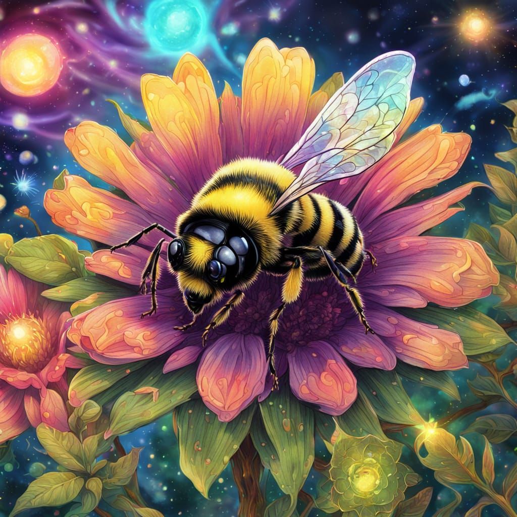 Bee in Cosmic Garden Bliss