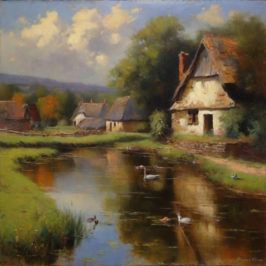Ducks on Village Pond as Oil Painting