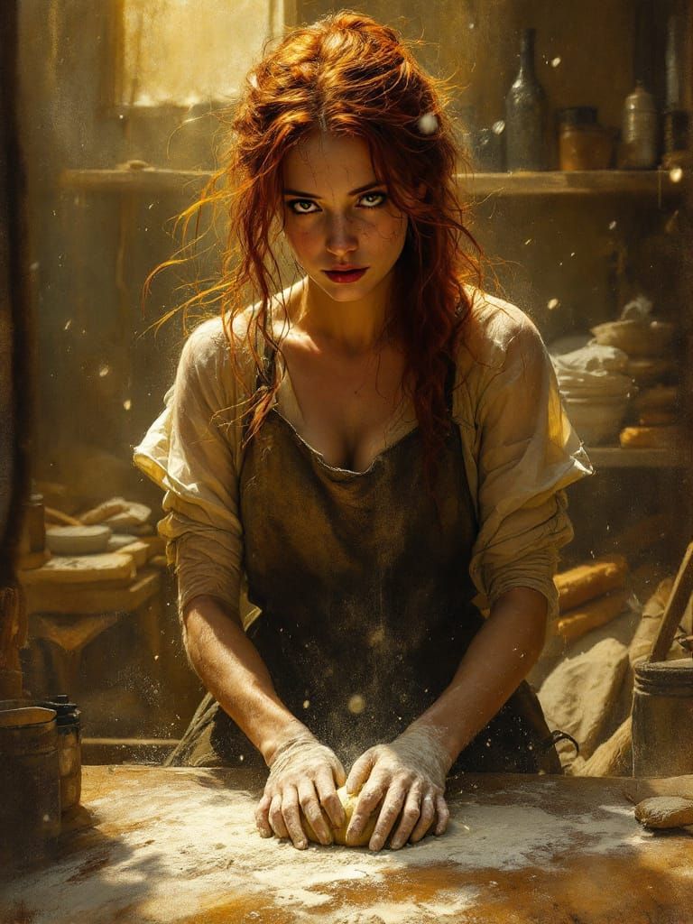 Redhead Baker in Bustling Kitchen, Painterly Dissolution