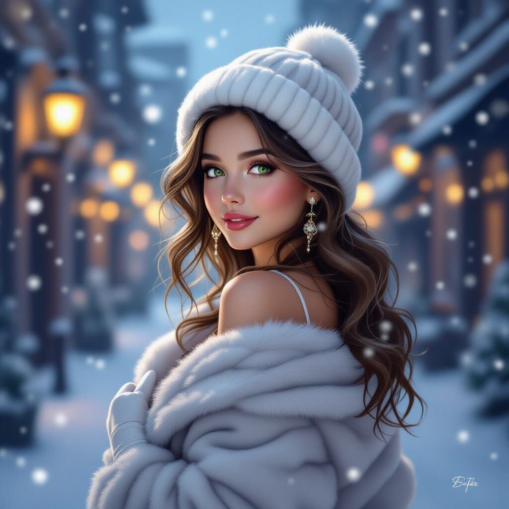 Graceful Woman Smiles in Snowy Cityscape with Lanterns