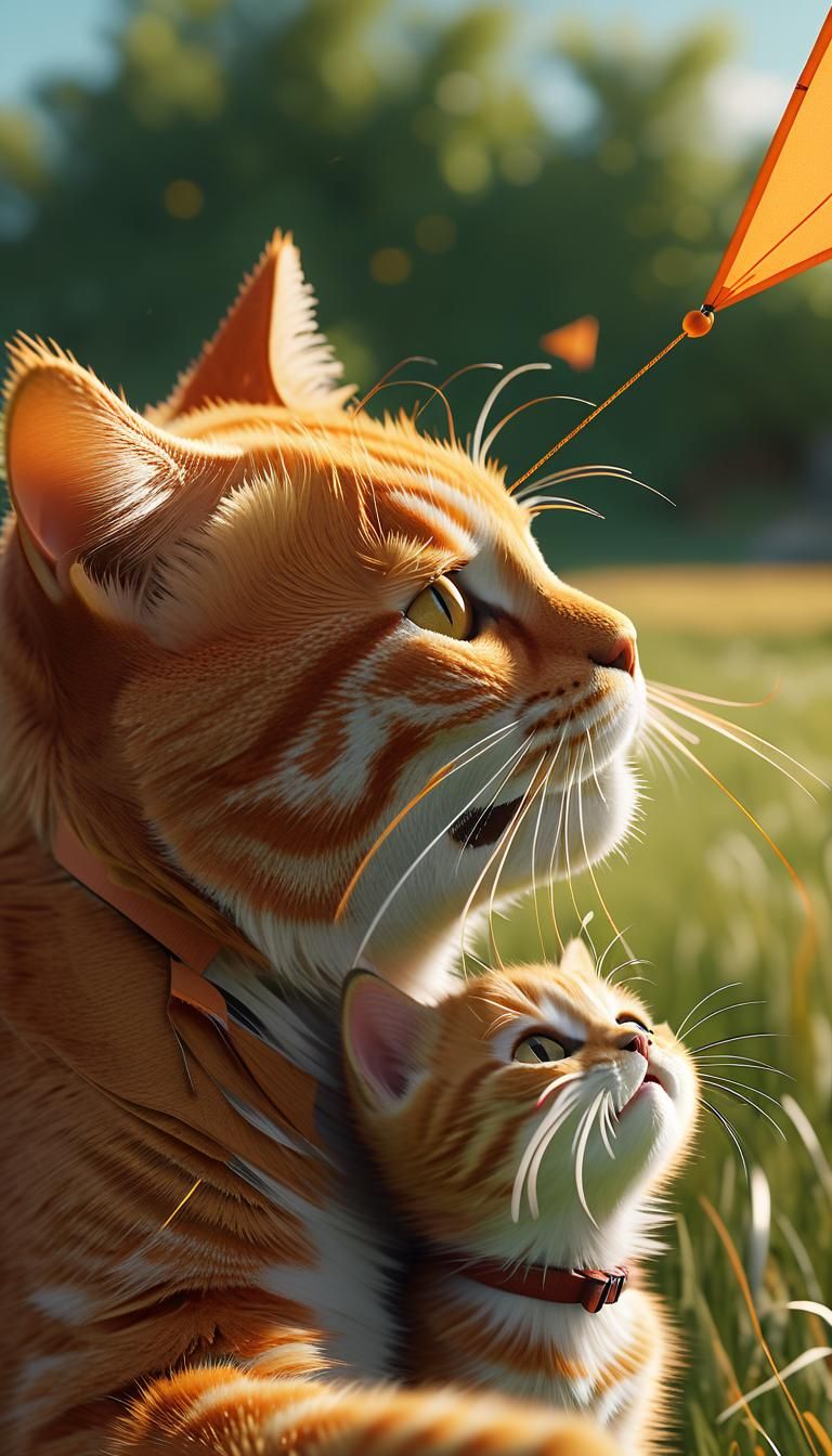 Orange Cat Father and Kitten Play: Cinematic 3D Render