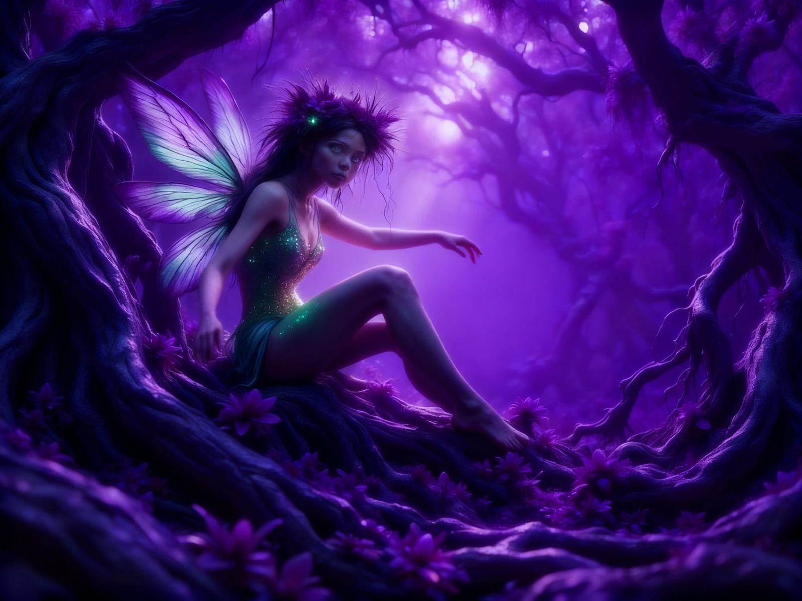 Mischievous Fairy in Purple Haze, Hyperrealistic Style