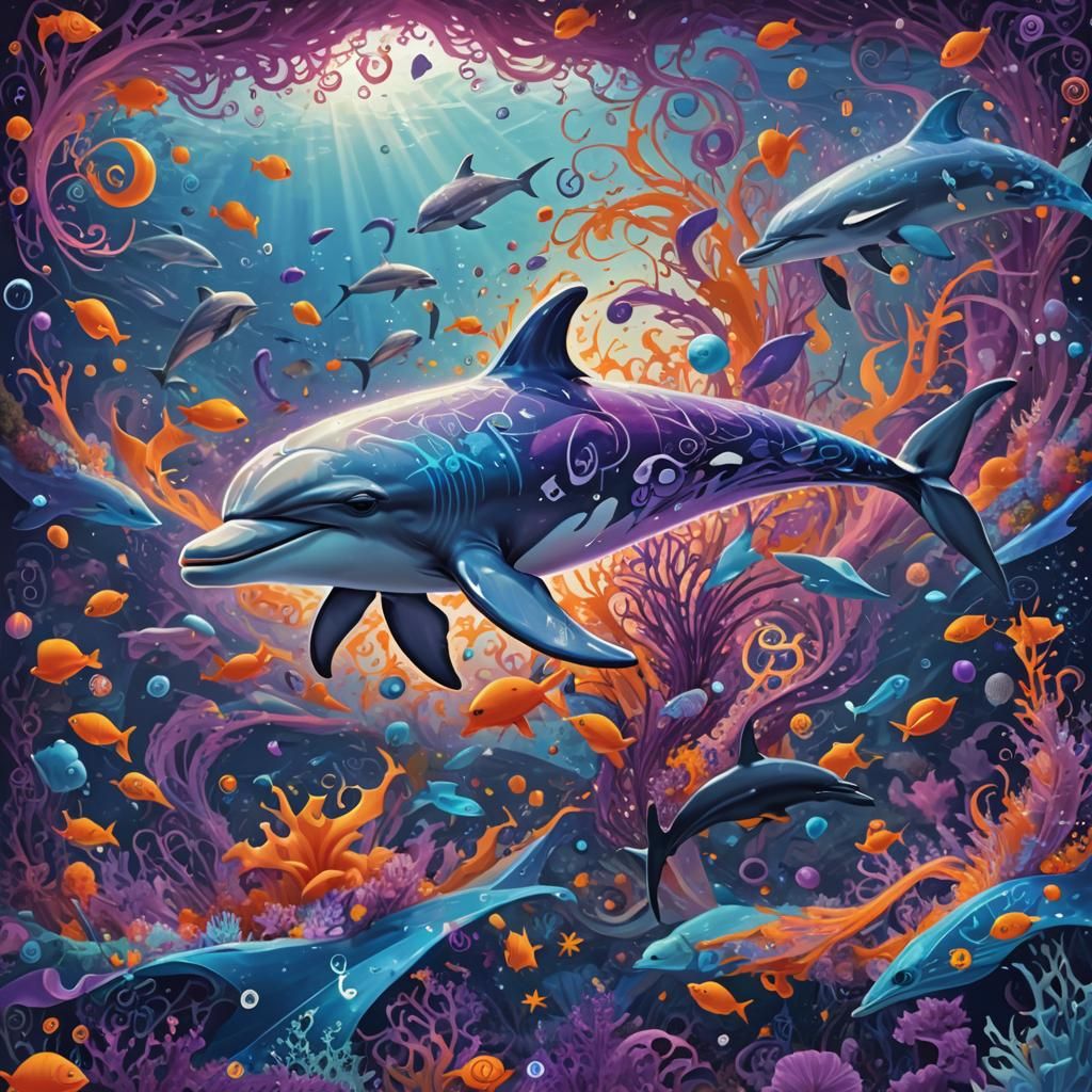 Dolphin Swims Through Math Equations in Syd Mead Style