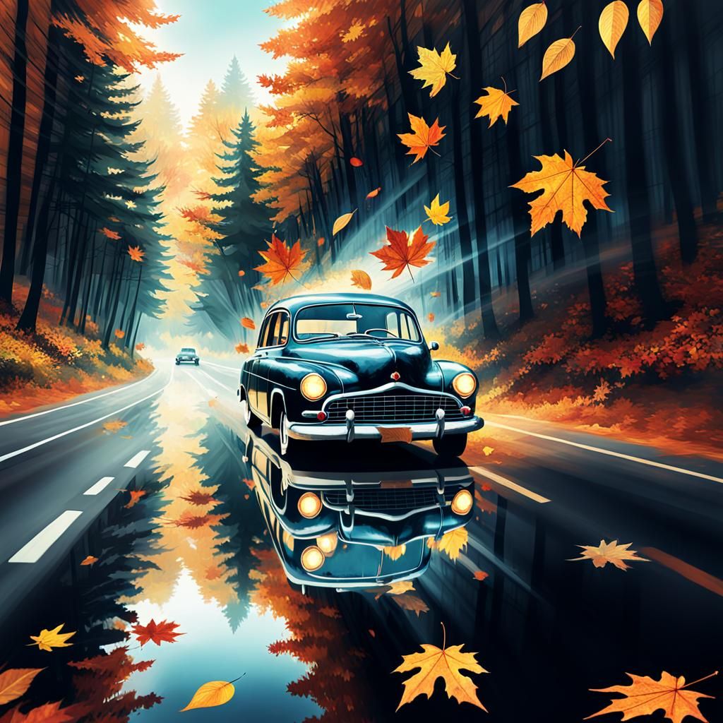 Double Exposure Vintage Car in Autumn Forest