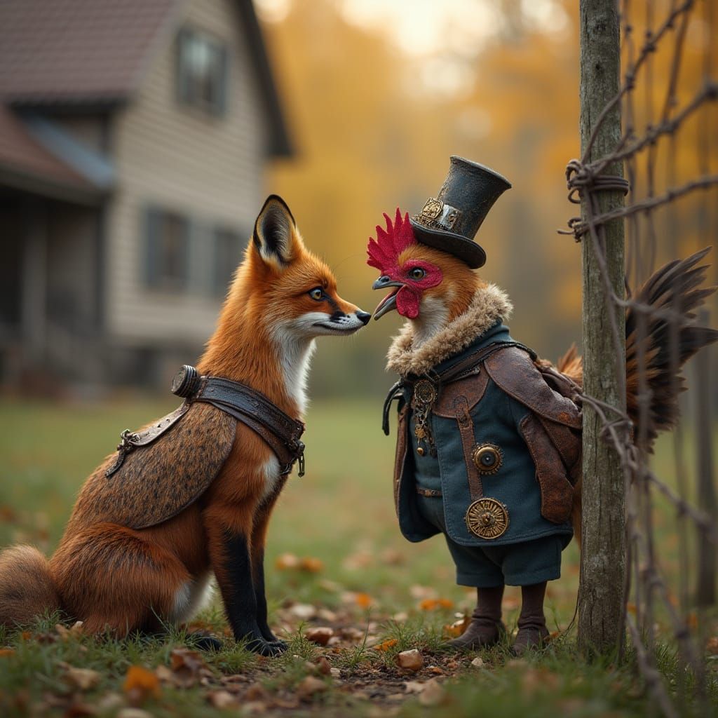 Steampunk Fox & Hen by Rustic Fence in Farmyard