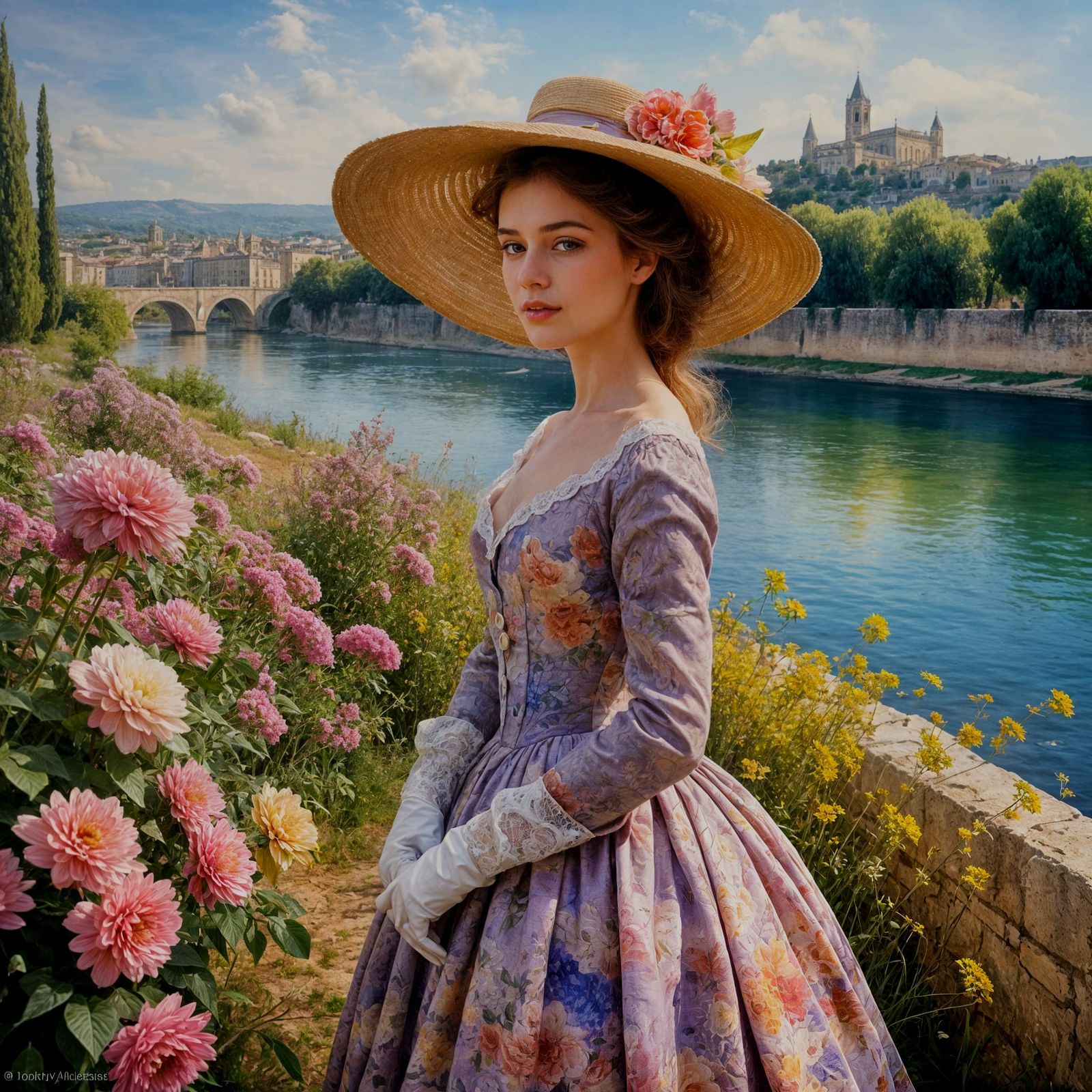 Elegant 1800s Woman in Floppy Hat by Rhône River