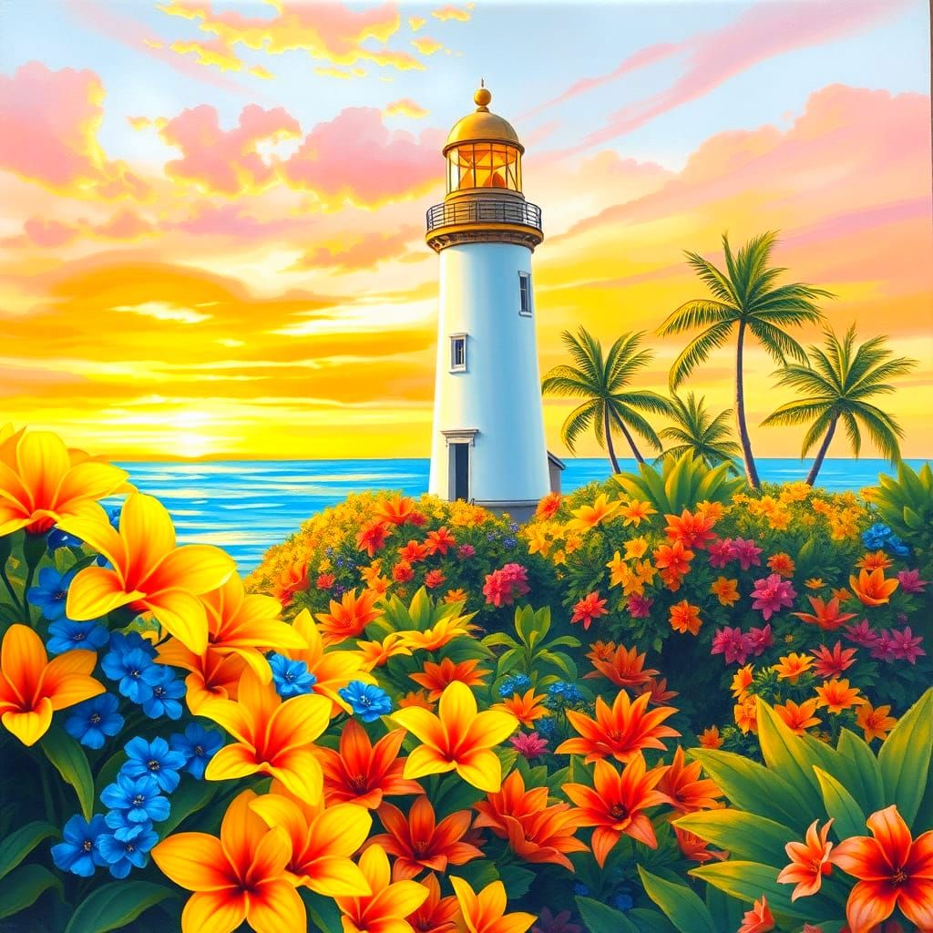 Lighthouse at Sunrise: A Gouache Painting
