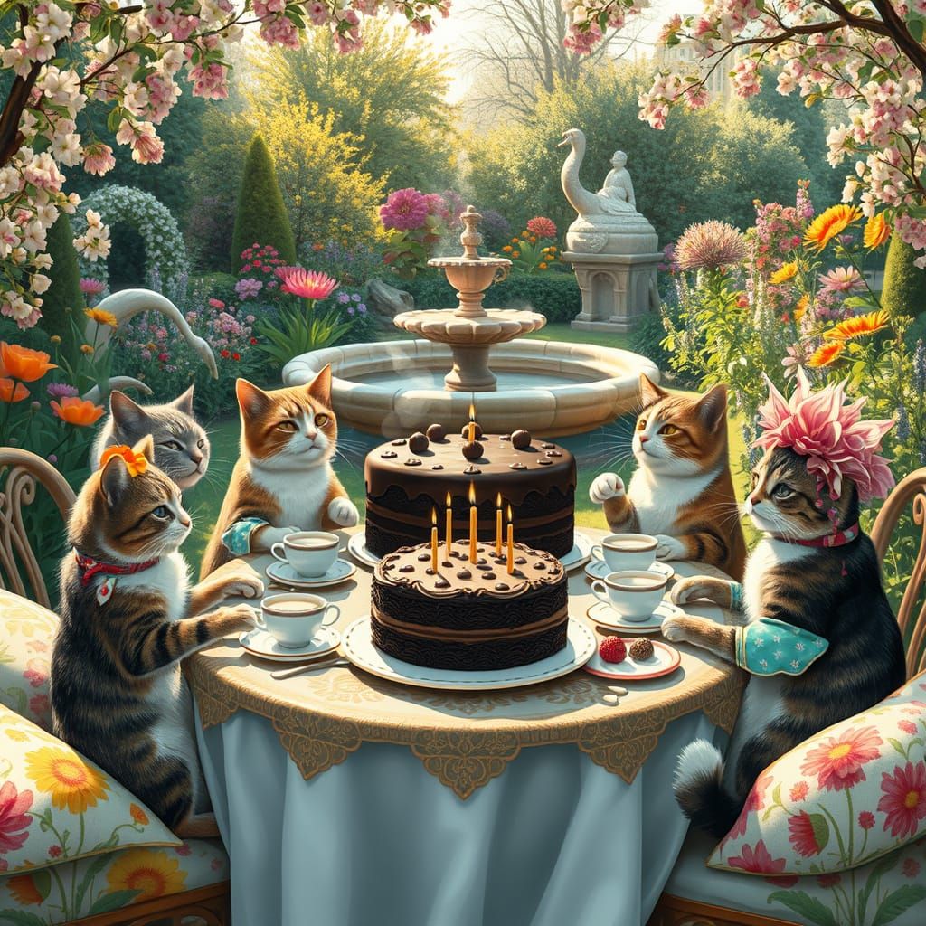 Cats' Lavish Garden Dinner, Art Nouveau Style
