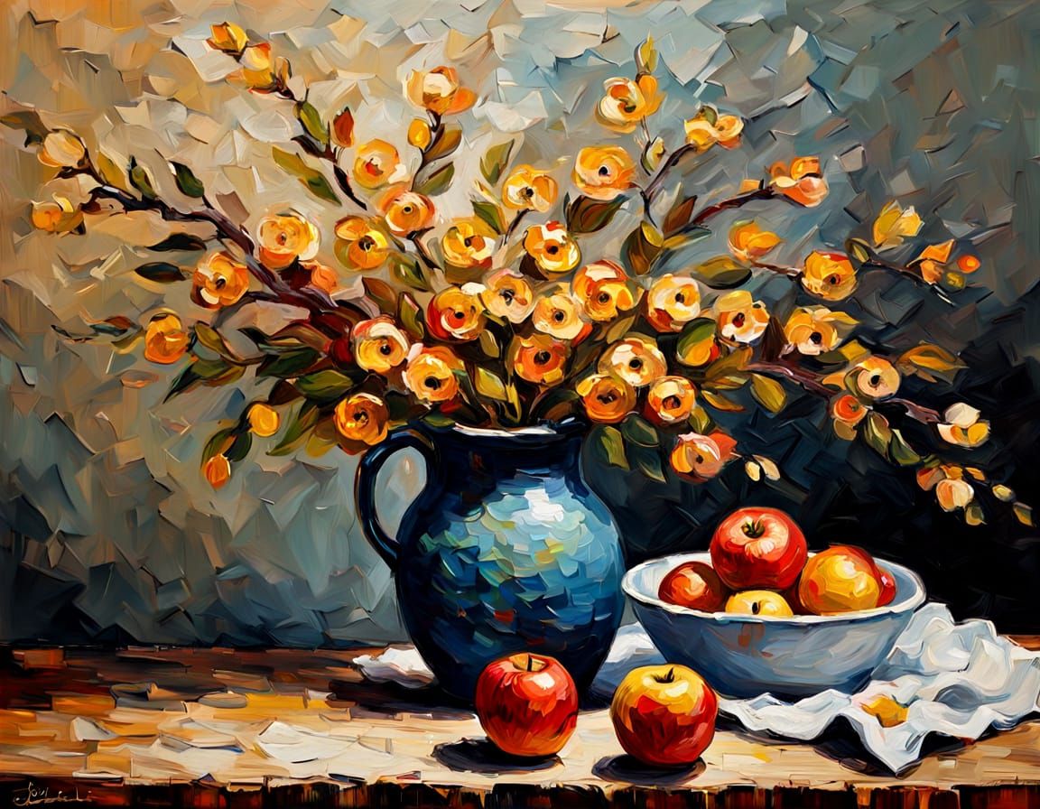 Van Gogh Style Apple Blossoms and Apples on Table