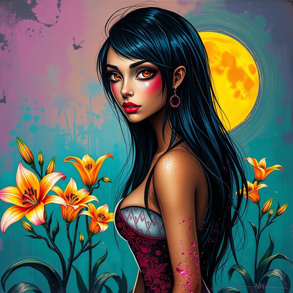 Whimsical Graffiti Portrait in Lily Landscape