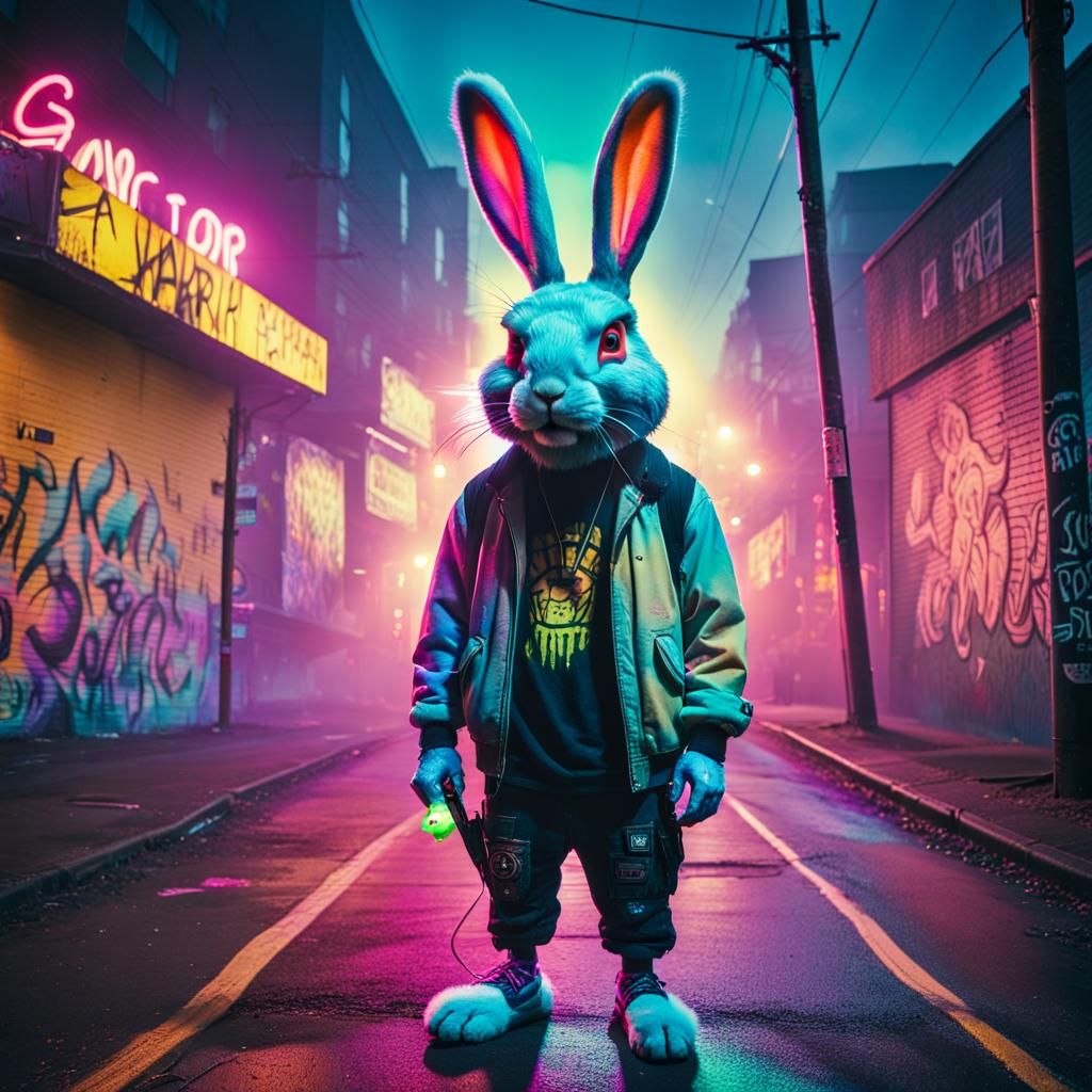Grunge Rabbit Smoking a Neon Vape in Seattle
