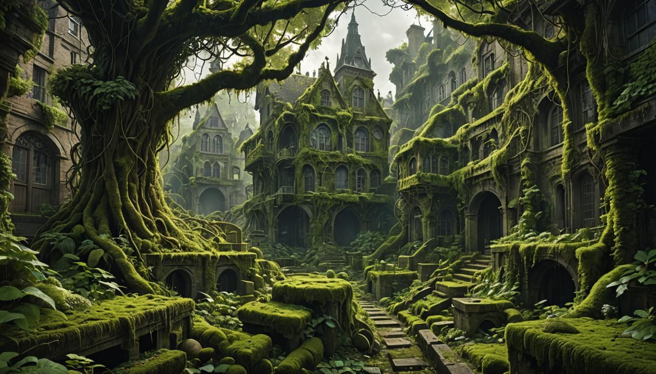 Sinister Overgrown Cityscape Art