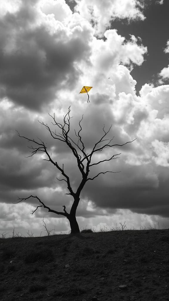 Lone Kite on Windswept Hill Under Stormy Skies