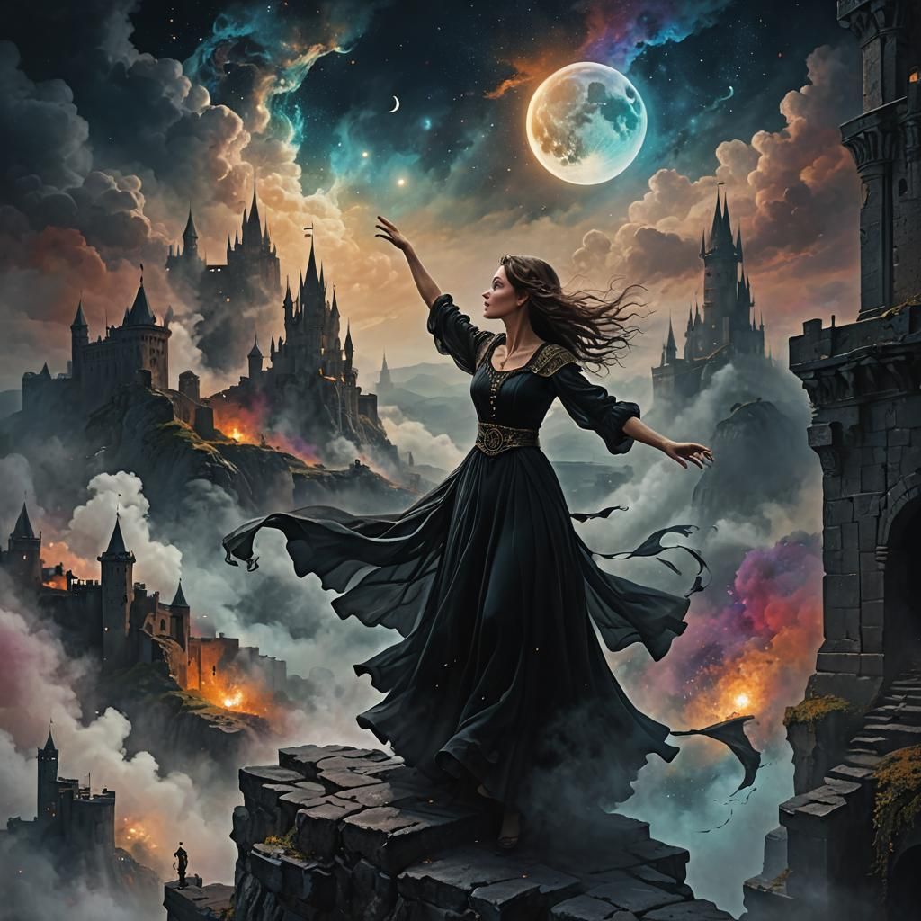 Woman on Ramparts Under Three Moons: Fantasy Art