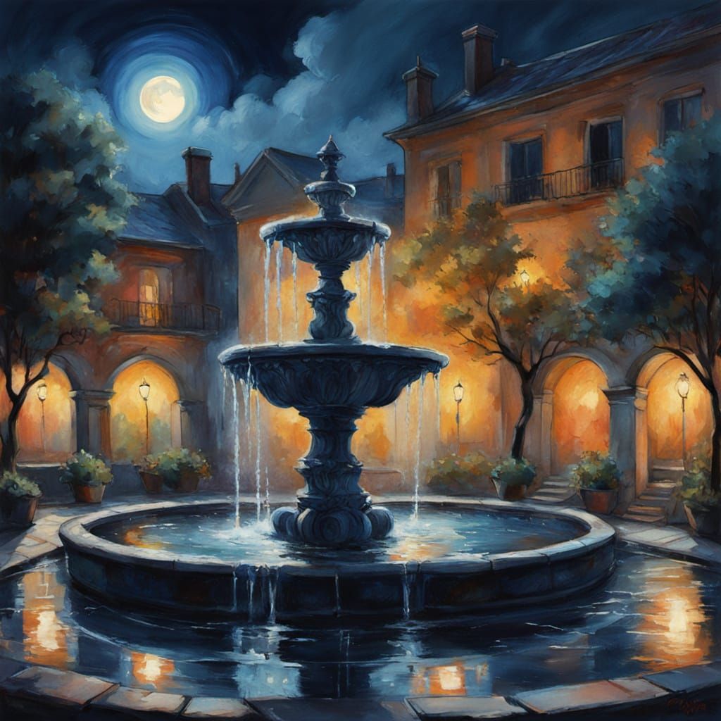 Moonlit Fountain with Nocturnal Reflections, Impressionist S...