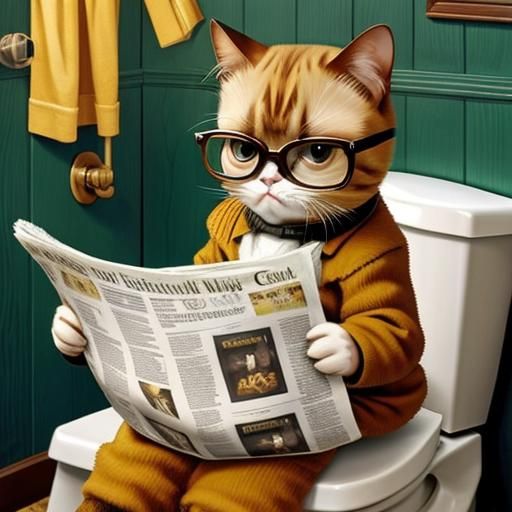 Grumpy Cat Reads Newspaper as Oil Painting